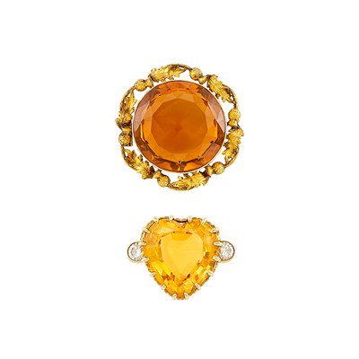 Lot 373 - Antique Gold and Citrine Pin and Gold, Citrine and Diamond Ring