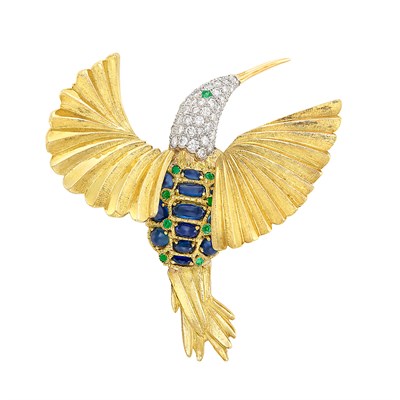 Lot 1 - Gold, Platinum, Diamond, Cabochon Sapphire and Emerald Bird Brooch