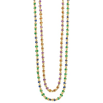 Lot 4 - Pair of Gold, Citrine, Amethyst, Lapis and Green Onyx Bead Chain Necklaces