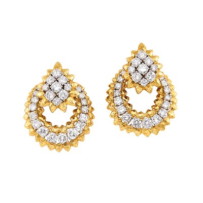 Lot 441 - Pair of Gold, Platinum and Diamond Pendant-Earclips, David Webb