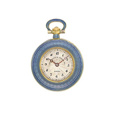 Lot 320 - Belle Époque Platinum, Gold, Blue Guilloché Enamel and Diamond Pendant-Watch, Theodore B. Starr