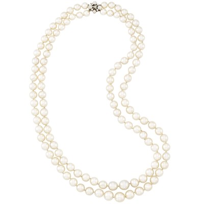 Lot 248 - Double Strand Cultured Pearl Necklace with Gold and Diamond Clasp
