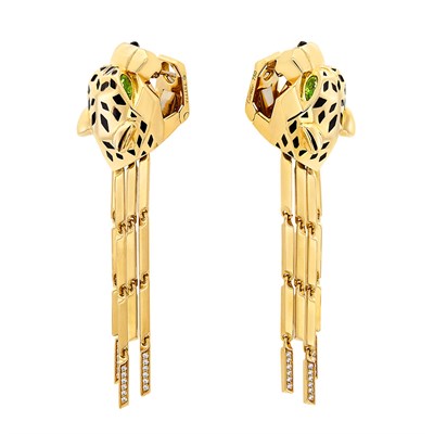 Lot 450 - Pair of Gold, Black Lacquer, Peridot and Diamond 'Panther' Fringe Pendant-Earrings, Cartier, France