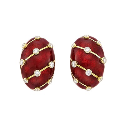 Lot 183 - Pair of Gold, Red Paillonne Enamel and Diamond Earclips, Tiffany & Co., Schlumberger