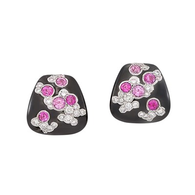 Lot 359 - Pair of Blackened Gold, Pink Sapphire and Diamond Earclips, Marina B, France