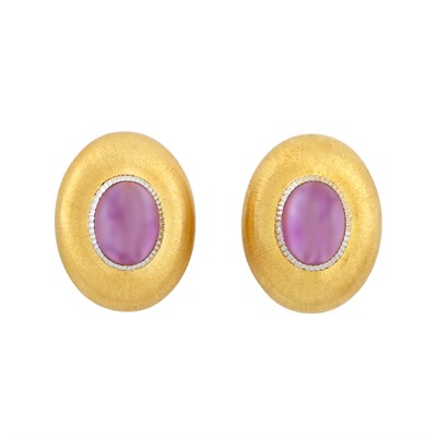 Lot 387 - Pair of Two-Color Gold and Cabochon Amethyst Earrings, Buccellati