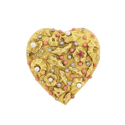 Lot 29 - Gold, Coral, Seed Pearl, Diamond and Ruby Heart Brooch, Tiffany & Co.