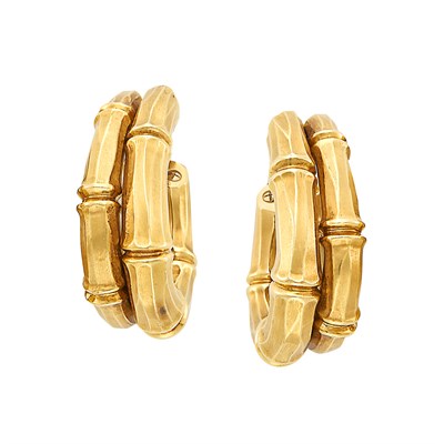 Lot 439 - Pair of Gold 'Bamboo' Hoop Earclips, Cartier, France