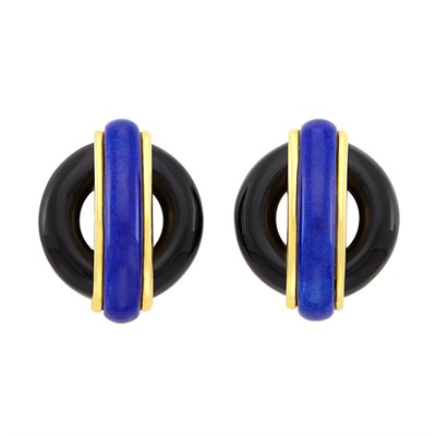 Lot 43 - Pair of Gold, Black Onyx and Lapis Earclips, Aldo Cipullo