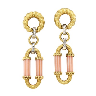 Lot 8 - Pair of Gold, Carved Angel Skin Coral and Diamond Pendant-Earclips