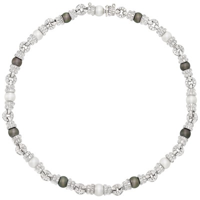 Lot 462 - White Gold, White and Gray Cultured Pearl and Diamond Necklace, Bulgari