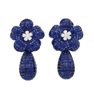 Lot 134 - Pair of White Gold, Invisibly-Set Sapphire and Diamond Flower Pendant-Earclips