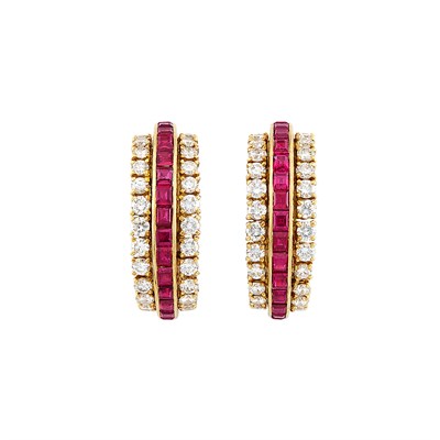 Lot 433 - Pair of Gold, Ruby and Diamond Hoop Earclips, Van Cleef & Arpels, France