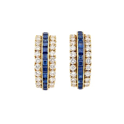 Lot 434 - Pair of Gold, Sapphire and Diamond Hoop Earclips, Van Cleef & Arpels, France