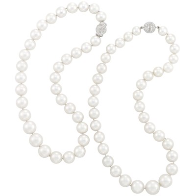Lot 368 - Two South Sea Cultured Pearl Necklaces with White Gold and Diamond Ball Clasps