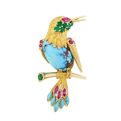 Lot 376 - Gold, Turquoise and Gem-Set Bird Clip-Brooch, Mauboussin, Paris