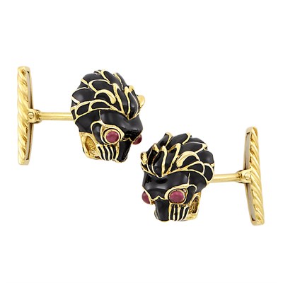 Lot 448 - Pair of Gold, Black Enamel and Cabochon Ruby Lion Cufflinks, David Webb