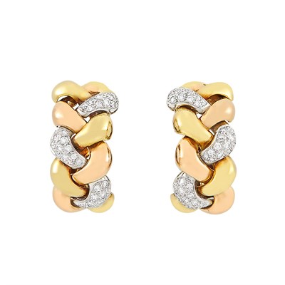 Lot 50 - Pair of Tricolor Gold and Diamond Hoop Earclips, Poiray, France