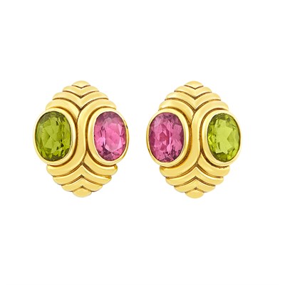 Lot 71 - Pair of Gold, Pink Tourmaline and Peridot Earclips, Bulgari