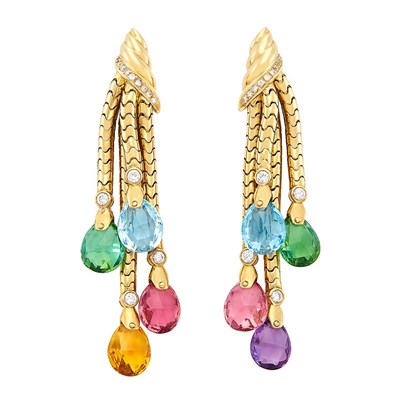 Lot 56 - Pair of Gold, Multicolored Stone Briolette and Diamond Fringe Earrings