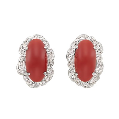 Lot 461 - Pair of White Gold, Oxblood Coral and Diamond Earclips