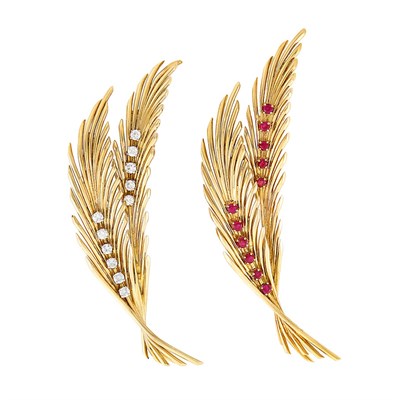 Lot 250 - Pair of Gold, Diamond and Ruby Feather Clip-Brooches, Van Cleef & Arpels, France