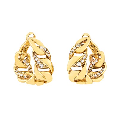 Lot 454 - Pair of Gold and Diamond Curb Link Hoop Earclips, Cartier