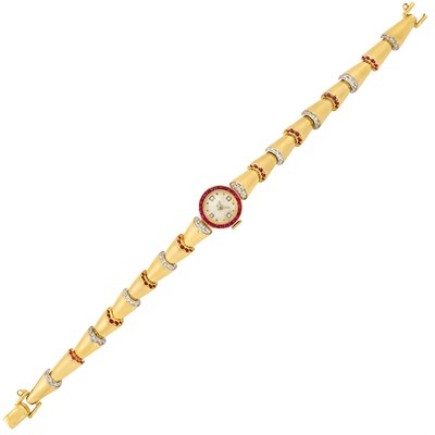 Lot 246 - Gold, Platinum, Ruby and Diamond Wristwatch, Oscar Heyman Bros., Retailed by Gumbiner