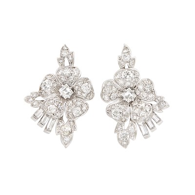 Lot 53 - Pair of Platinum and Diamond Flower Earrings