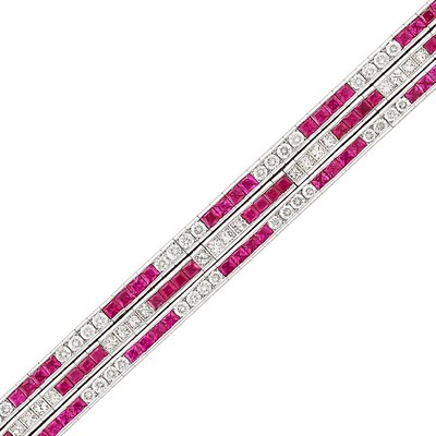 Lot 106 - Three Row Platinum, Ruby and Diamond Straighline Bracelet
