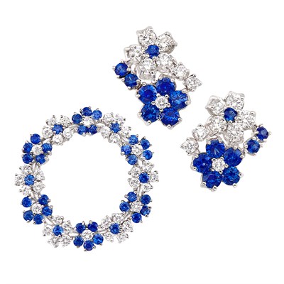 Lot 108 - Platinum, Diamond and Sapphire Floret Circle Pin and Pair of Earclips