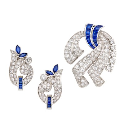 Lot 488 - Platinum, Diamond and Sapphire Clip-Brooch and Pair of Earclips