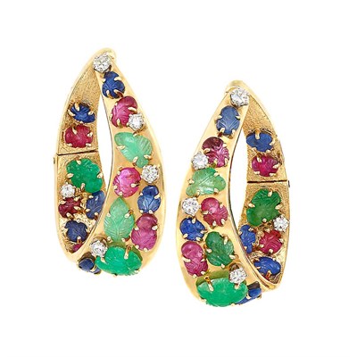 Lot 206 - Pair of Gold, Carved Gem-Set and Diamond 'Tutti Frutti' Hoop Earclips