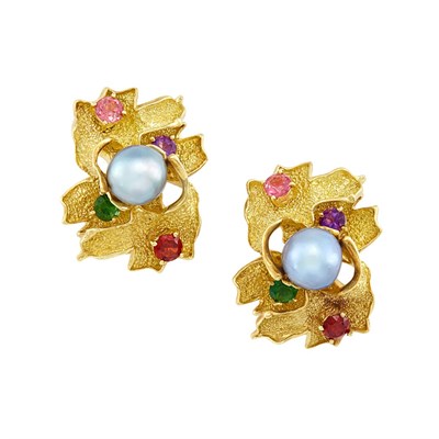 Lot 90 - Pair of Gold, Tahitian Gray Cultured Pearl and Gem-Set Earrings
