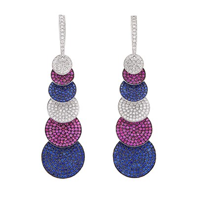 Lot 335 - Pair of White and Blackened Gold, Multicolored Sapphire and Diamond Pendant-Earrings