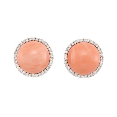 Lot 403 - Pair of Gold, Coral and Diamond Earrings