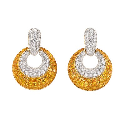 Lot 428 - Pair of Gold, Invisibly-Set Yellow Sapphire and Diamond Pendant-Earrings