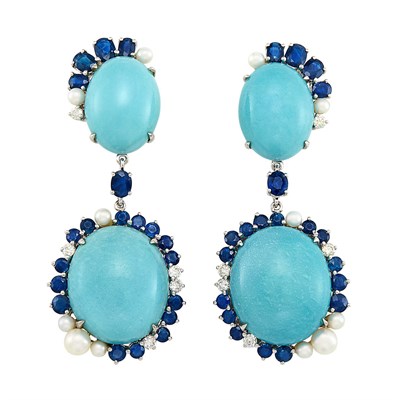 Lot 138 - Pair of White Gold, Turquoise, Sapphire, Cultured Pearl and Diamond Pendant-Earclips