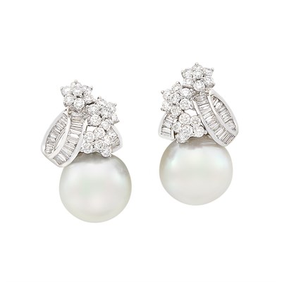 Lot 125 - Pair of White Gold, South Sea Cultured Pearl and Diamond Earrings