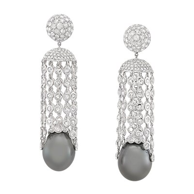Lot 356 - Pair of White Gold, Tahitian Gray Cultured Pearl and Diamond Fringe Pendant-Earrings