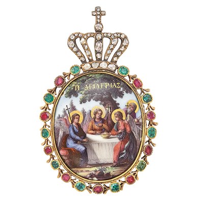 Lot 218 - Continental Jeweled Gold and Enamel Panagia...