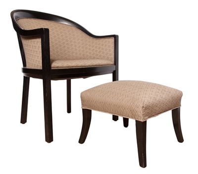 Lot 237 - Upholstered Black Painted Oak Tub Chair and Stool