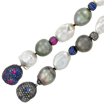 Lot 91 - Pair of Baroque South Sea and Tahitian Gray Cultured Pearl, Gem-Set and Diamond Bracelets/Necklace Combination