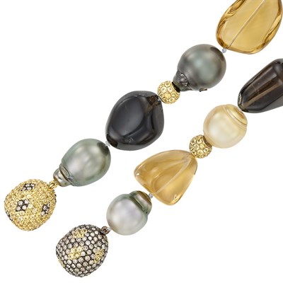Lot 162 - Pair of Multicolored Semi-Baroque Cultured Pearl, Smokey Quartz, Yellow Sapphire and Brown Diamond Bracelets/Necklace
