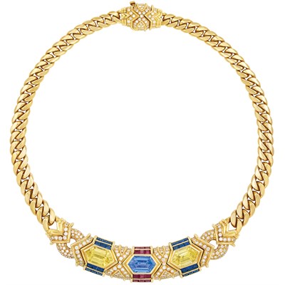 Lot 423 - Gold, Sapphire, Yellow Sapphire, Ruby and Diamond Curb Link Necklace, Bulgari