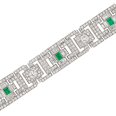 Lot 516 - Wide Platinum, Emerald and Diamond Bracelet