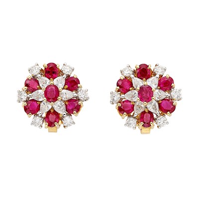 Lot 323 - Pair of Two-Color Gold, Ruby and Diamond Earclips