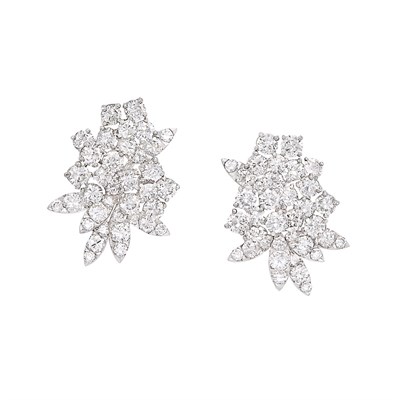 Lot 505 - Pair of Platinum and Diamond Cluster Earclips, Van Cleef & Arpels, France