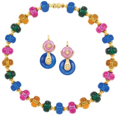 Lot 60 - Gold and Multicolored Glass Bead 'Cimin' Necklace and Pair of Earrings, Marina B