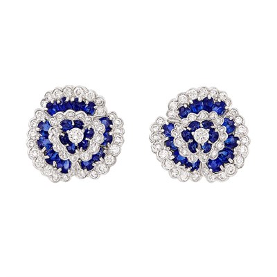 Lot 482 - Pair of Platinum, Sapphire and Diamond Flower Earclips, Van Cleef & Arpels